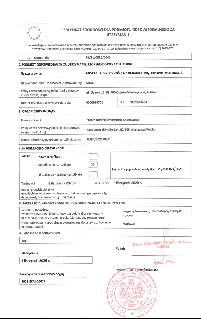 Certyfikat zgodności dla podmiotu odpowiedzialnego za utrzymanie (ECM) wydany przez UTK